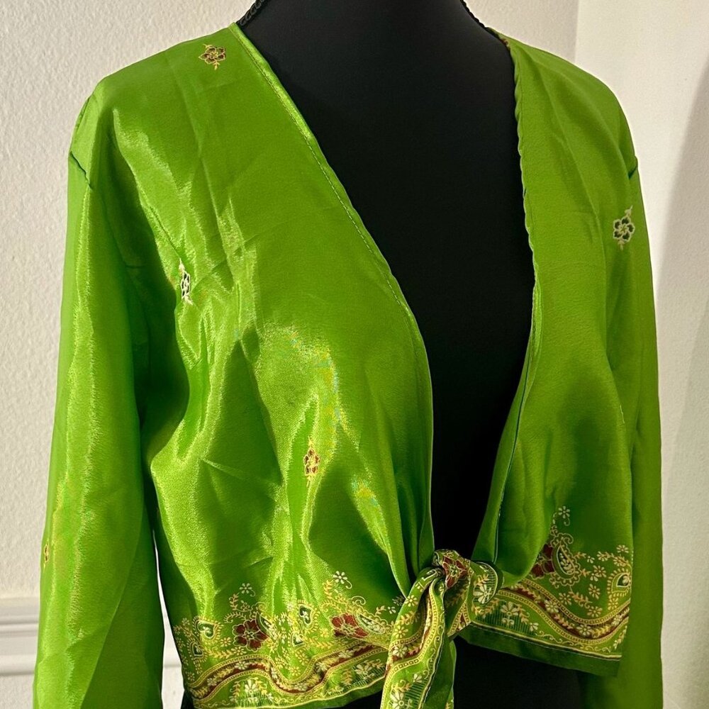 Jade Temple Vintage Silk Sari Artisan Tie-Front Kimono Top